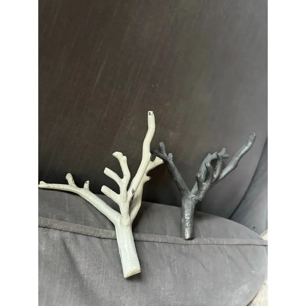 2 Tree Branch Wall Hooks Cast Iron Towel Hat Hanger white gray modern set